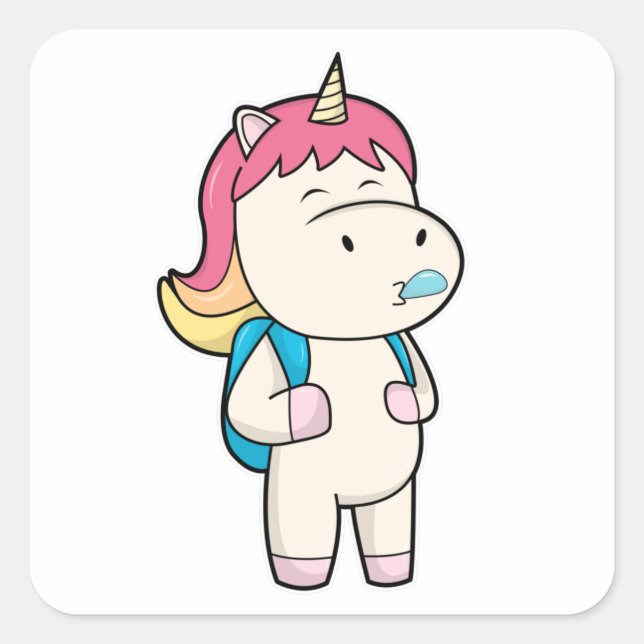 Pegatina Cuadrada Unicornio con chicle y espalda (Anverso)