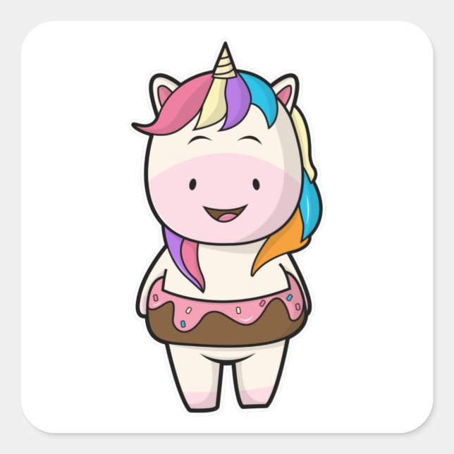 Pegatina Cuadrada Unicornio con donut de chocolate (Anverso)