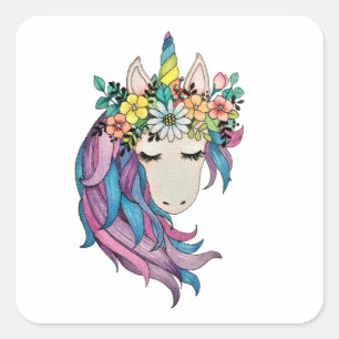 Pegatina Cuadrada Unicornio Con Flores Silvestres En Acuarela