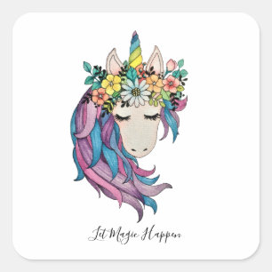 Pegatina Cuadrada Unicornio Con Flores Silvestres En Acuarela