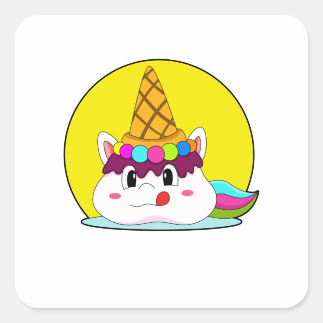 Pegatina Cuadrada Unicornio con helado (Anverso)