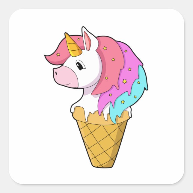 Pegatina Cuadrada Unicornio con helado (Anverso)
