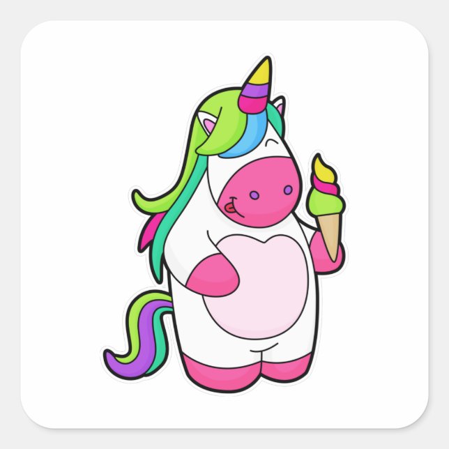 Pegatina Cuadrada Unicornio con helado de Waffle (Anverso)