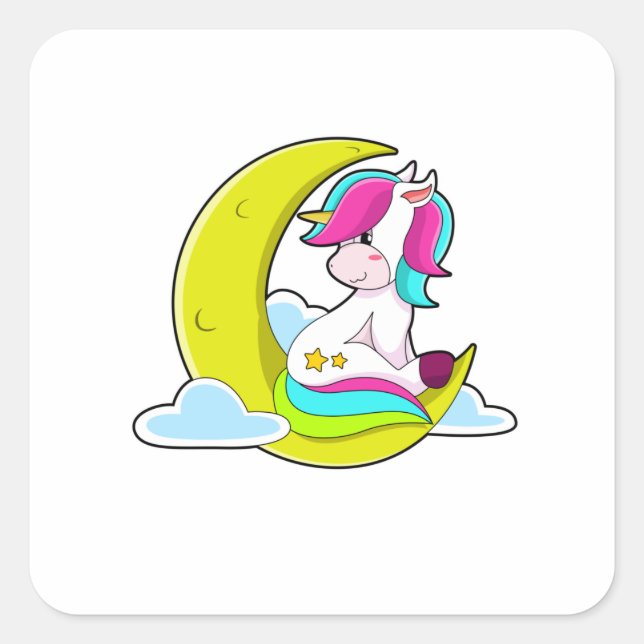 Pegatina Cuadrada Unicornio con nubes y luna (Anverso)