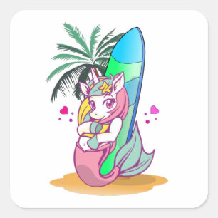 Pegatina Cuadrada Unicornio con tablas de surf en la playa