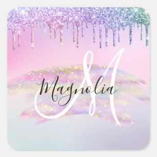 Pegatina Cuadrada Unicornio de arcoíris glam ombre glitter monograma
