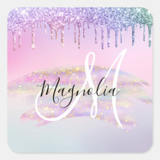 Pegatina Cuadrada Unicornio de arcoíris glam ombre glitter monograma
