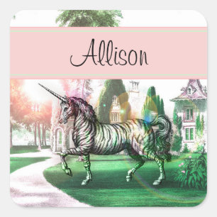 Pegatina Cuadrada Unicornio de fantasía en cabaña
