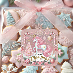 Pegatina Cuadrada Unicornio de la Tierra de las Maravillas de Navida