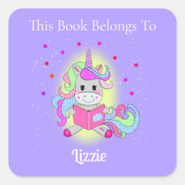 Pegatina Cuadrada Unicornio de Purpurina Brillante Ex Libris