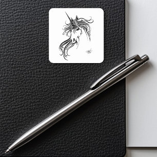 Pegatina Cuadrada Unicornio de tinta negra tribal