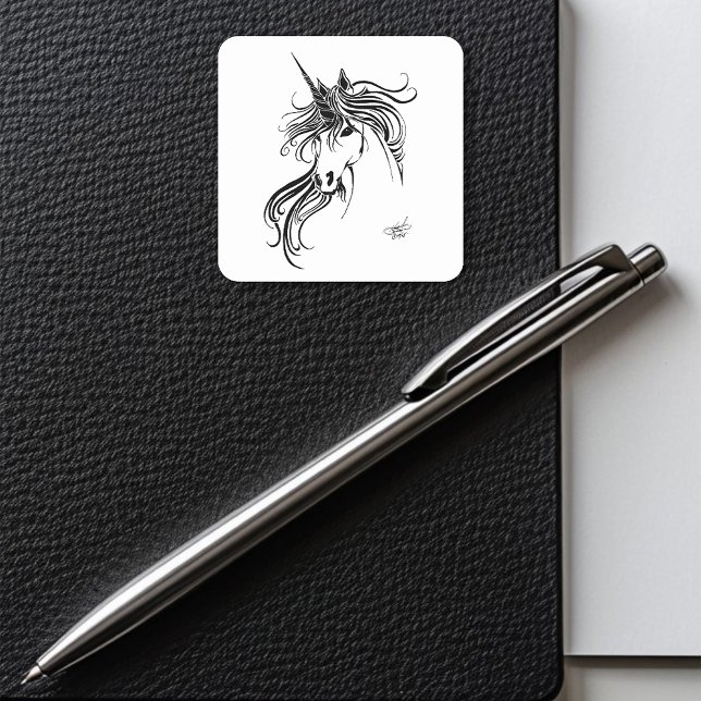 Pegatina Cuadrada Unicornio de tinta negra tribal (Subido por el creador)