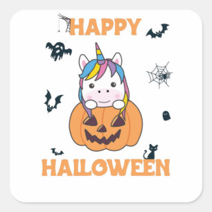 Pegatina Cuadrada Unicornio En Calabaza Cute Unicornios Feliz Hallow