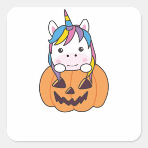 Pegatina Cuadrada Unicornio En Calabaza Cute Unicornios Feliz Hallow