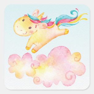 Pegatina Cuadrada Unicornio en colores pastel del arco iris con el