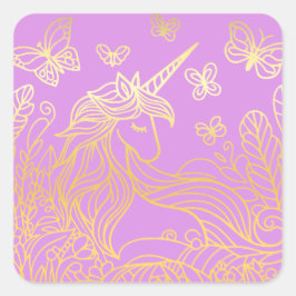 Pegatina Cuadrada Unicornio en el oro de los jardines