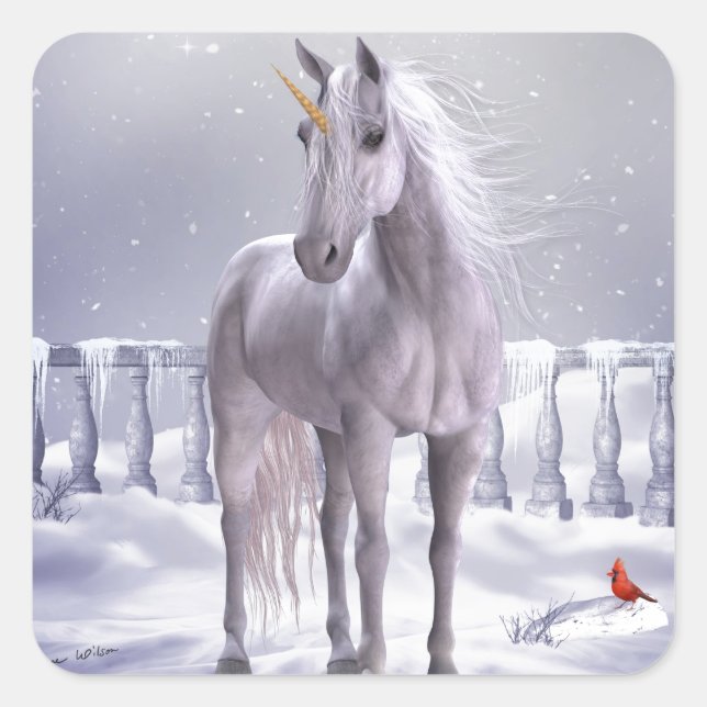Pegatina Cuadrada Unicornio en la Nieve (Anverso)