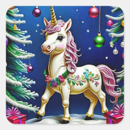 Pegatina Cuadrada unicornio en navidades