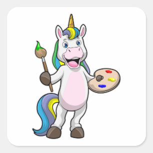 Pegatina Cuadrada Unicornio en pintura con pincel y color