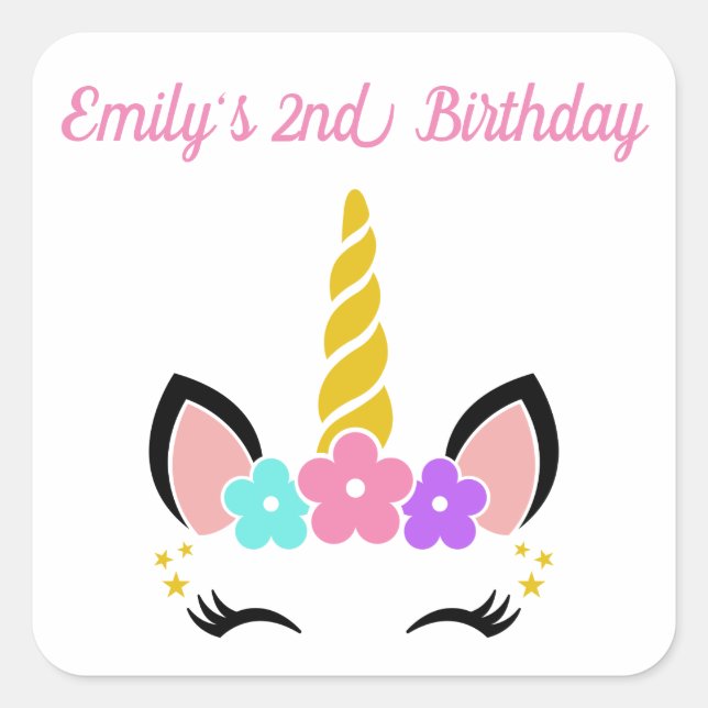 Pegatina Cuadrada Unicornio floral personalizado (Anverso)