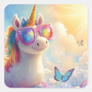 Pegatina Cuadrada Unicornio lindo con gafas de sol: mágico y diverti
