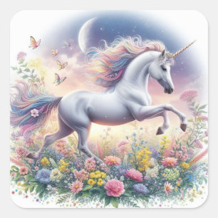 Pegatina Cuadrada Unicornio lindo y colorido