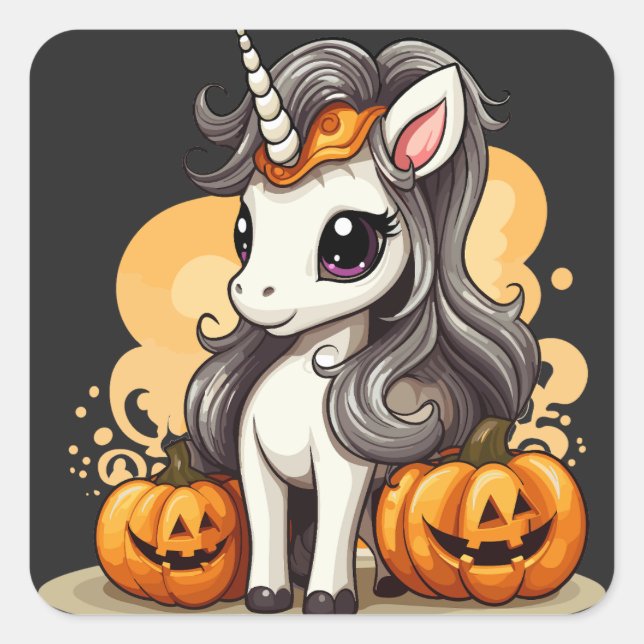 Pegatina Cuadrada Unicornio mágico: Aventura de calabaza de Hallowee (Anverso)