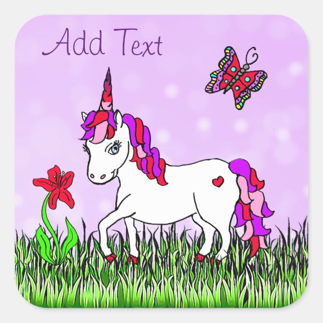 Pegatina Cuadrada Unicornio morado, flores y mariposa personalizadas (Anverso)