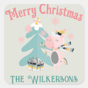 Pegatina Cuadrada Unicornio, Navidades del boho lindo, en sabio