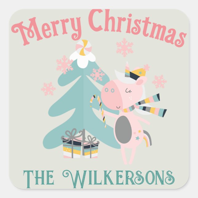 Pegatina Cuadrada Unicornio, Navidades del boho lindo, en sabio (Anverso)