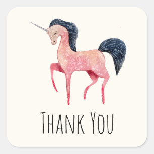 Pegatina Cuadrada Unicornio nórdico rosado con mango negro gracias