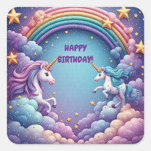 Pegatina Cuadrada Unicornio pastel arcoíris fantasía con destellos S