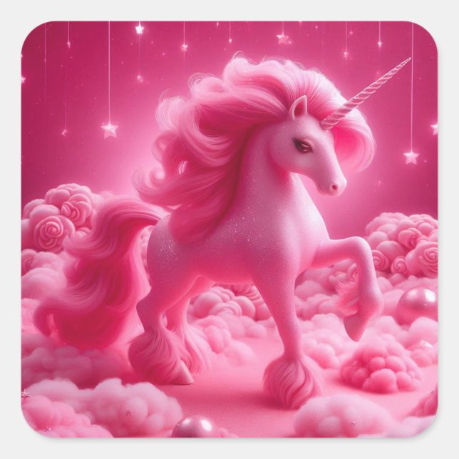Pegatina Cuadrada unicornio rosa (Anverso)