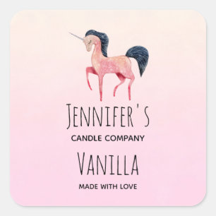 Pegatina Cuadrada Unicornio rosa con el negocio de las velas de Mano