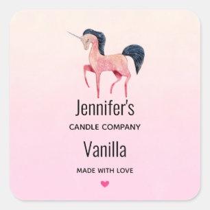 Pegatina Cuadrada Unicornio rosa con el negocio de las velas de Mano