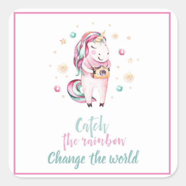 Pegatina Cuadrada Unicornio rosa corto con cámara Inspiradora (Anverso)