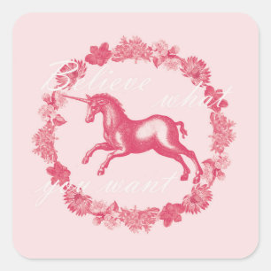 Pegatina Cuadrada Unicornio rosa y flores