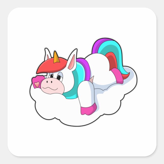Pegatina Cuadrada Unicornio sobre nubes (Anverso)