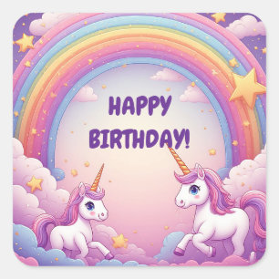 Pegatina Cuadrada 🦄 Unicornio Soñador Arcoíris Sobre Nubes Pastel �