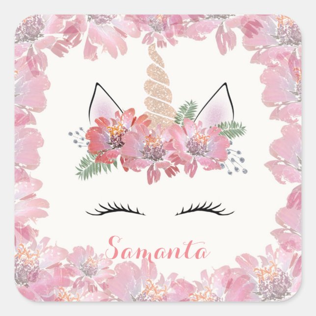 Pegatina Cuadrada Unicornio, Unicornio Face, personalizada, femenina (Anverso)