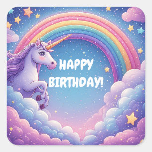 Pegatina Cuadrada 🌈 Unicornio y Arcoíris Sobre Nubes Pastel Con Est