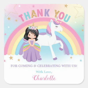 Pegatina Cuadrada Unicornio y Princesa cumpleaños gracias a favor