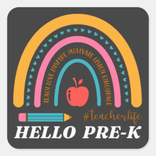 Pegatina Cuadrada Unisex Hello Pre K, Hello Preschool, Preescolar T-