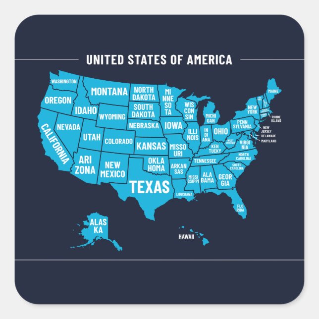 Pegatina Cuadrada United States Map Teal Minimal Design (Anverso)