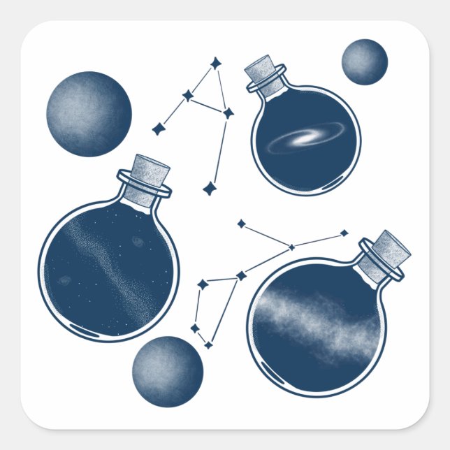 Pegatina Cuadrada Universo en una botella (Anverso)