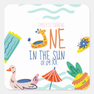 Pegatina Cuadrada Uno en el sol primera fiesta de cumpleaños piscina
