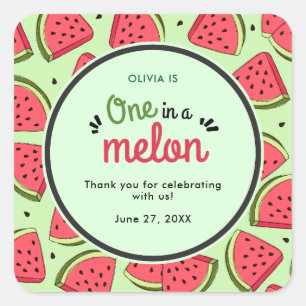 Pegatina Cuadrada Uno en un Melón Verano Primer Cumpleaños Gracias