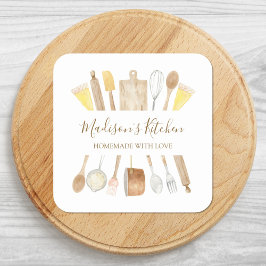 Pegatina Cuadrada Utensilios de cocina personalizados con acuarela
