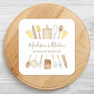 Pegatina Cuadrada Utensilios de cocina personalizados con acuarela