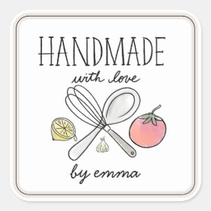 Pegatina Cuadrada Utensilios Hechos a Mano con Amor Ingredientes